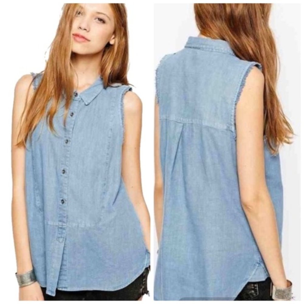 Free People Chambray Button Down Tank XS